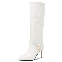 Pointed Toe Stiletto Heels Knee Highs Patent Snake Print Ankle Decorated Straps Cowboy Boots - White
