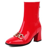 Square Toe Chunky Heels Side Zipper Ankle Highs Patent Boots - Red