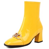 Square Toe Chunky Heels Side Zipper Ankle Highs Patent Boots - Yellow