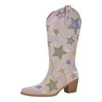 Pointed Toe Chunky Heels Glitter Bling Shiny Stars Western Pull On Knee Highs Boots - Beige