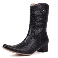 Pointed Toe Chunky Heels Side Zipper Mid Calf Western Cowboy Booties - Black Faux Leather