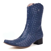 Pointed Toe Chunky Heels Side Zipper Mid Calf Western Cowboy Booties - Blue Faux Leather