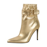 Pointed Toe Stiletto Heels Ankle Highs Side Zipper Buckle Straps Boots - Gold