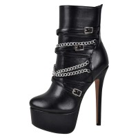 Round Toe Stiletto Heels Chain with Buckle Straps Punk Side Zipper Ankle Highs Platforms Booties - Black