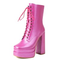 Round Toe Lace Up Side Zipper Ankle Highs Chunky Heels Metallic Platforms Boots - Pink