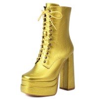 Round Toe Lace Up Side Zipper Ankle Highs Chunky Heels Metallic Platforms Boots - Yellow