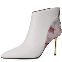 Pointed Toe Stiletto Heels Genuine Leather Back Zipper Ankle High Boots - White