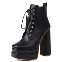 Round Toe Lace Up Side Zipper Ankle Highs Chunky Heels Punk Gothic Platforms Boots - Black