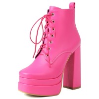 Round Toe Lace Up Side Zipper Ankle Highs Chunky Heels Punk Gothic Platforms Boots - Pink