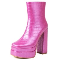 Round Toe Lace Up Side Zipper Ankle Highs Chunky Heels Crocodile Pattern Platforms Boots - Pink