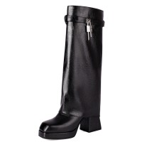 Square Toe Chunky Heels Turned over Edge Lock Decorated Straps Low Platforms Boots - Black