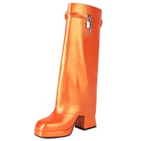 Square Toe Chunky Heels Turned over Edge Lock Decorated Straps Low Platforms Boots - Orange