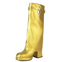 Square Toe Chunky Heels Turned over Edge Lock Decorated Straps Low Platforms Boots - Yellow