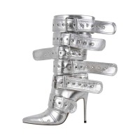 Pointed Toe Stiletto Heels Belt Buckle Straps Side Zipper Ankle Highs Punk Boots - Silver Faux Leather