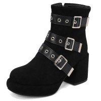 Round Toe Ankle High Side Zipper Trible Decorated Buckle Straps Autumn Suede Boots - Black