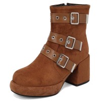 Round Toe Ankle High Side Zipper Trible Decorated Buckle Straps Autumn Suede Boots - Brown