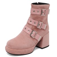Round Toe Ankle High Side Zipper Trible Decorated Buckle Straps Autumn Suede Boots - Pink