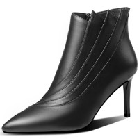 Pointed Toe Stiletto Heels Genuine Leather Side Zipper Ankle High Boots - Black
