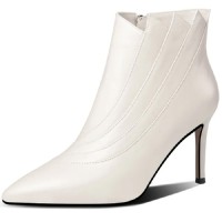 Pointed Toe Stiletto Heels Genuine Leather Side Zipper Ankle High Boots - White