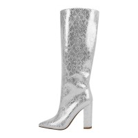 Pointed Toe Chunky Heels Knee Highs Snake Print Boots - Silver