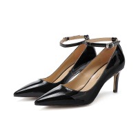 Pointed Toe Ankle Buckle Straps Stiletto Heels Classic Pumps - Black Patent