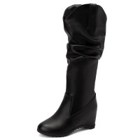 Round Toe Side Zipper Knee Highs Winter Snow Wedges Boots - Black