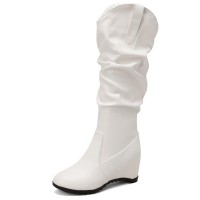 Round Toe Side Zipper Knee Highs Winter Snow Wedges Boots - White