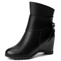 Round Toe Ankle High Side Zipper Winter Autumn Wedges Boots - Black
