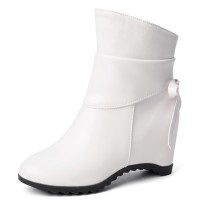 Round Toe Ankle High Side Zipper Winter Autumn Wedges Boots - White