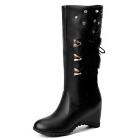 Round Toe Side Zipper Knee Highs Side Decorated Rhinestones Winter Snow Wedges Boots - Black