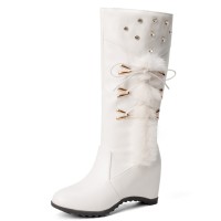 Round Toe Side Zipper Knee Highs Side Decorated Rhinestones Winter Snow Wedges Boots - White