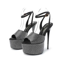 Peep Toe Platforms Stiletto Heels Water Diamond Glitters Ankle Buckle Straps Sandals - Gray Leather