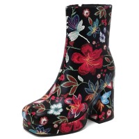 Square Toe Chunky Heels Side Zipper Ankle Highs Flowers Low Platforms Boots - Black