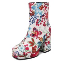 Square Toe Chunky Heels Side Zipper Ankle Highs Flowers Low Platforms Boots - Blue