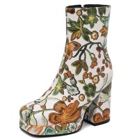Square Toe Chunky Heels Side Zipper Ankle Highs Flowers Low Platforms Boots - Yellow