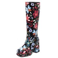 Square Toe Chunky Heels Side Zipper Knee Highs Flowers Low Platforms Boots - Black
