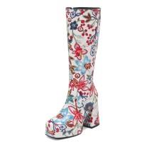 Square Toe Chunky Heels Side Zipper Knee Highs Flowers Low Platforms Boots - Blue