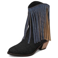 Pointed Toe Chunky Heels Mid Calf Ankle Highs Fringe Denim Cowboy Boots - Black