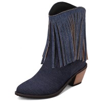 Pointed Toe Chunky Heels Mid Calf Ankle Highs Fringe Denim Cowboy Boots - Dark Blue