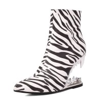 Pointed Toe Strange Tooth Heels Ankle Highs Zebra Booties - White