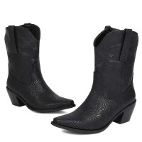 Pointed Toe Chunky Heels Embroider Vegan Leather Retro Knee Highs Cowboy Boots - Black