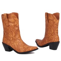 Pointed Toe Chunky Heels Embroider Vegan Leather Retro Knee Highs Cowboy Boots - Apricot