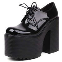 Round Toe Chunky Heels Platforms Gothic Punk Lace Up Loafers Pumps - Black
