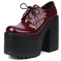Round Toe Chunky Heels Platforms Gothic Punk Lace Up Loafers Pumps - Red