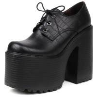 Round Toe Chunky Heels Platforms Gothic Punk Lace Up Loafers Pumps - Black