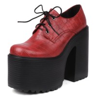 Round Toe Chunky Heels Platforms Gothic Punk Lace Up Loafers Pumps - Red