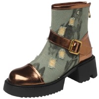 Round Toe Chunky Heels Denim Side Zipper Ankle High Boots - Gold
