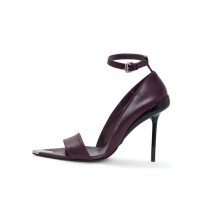 Pointed Open Toe Stiletto Heels Ankle Buckle Straps Fashionable One Line Sandals - Wine Faux Leather