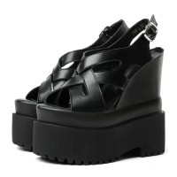 Peep Toe Ankle Buckle Straps Double Platforms Wedges  Sandals - Black Faux Leather