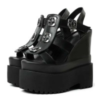 Peep Toe Ankle Buckle Straps Double Platforms Wedges  Sandals - Black Faux Leather